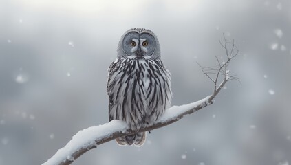 Great grey owl perched during winter, emphasizing nocturnal hunting behavior in cold environments