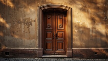 Fototapeta premium Old wooden door, city street setting highlighting architectural heritage