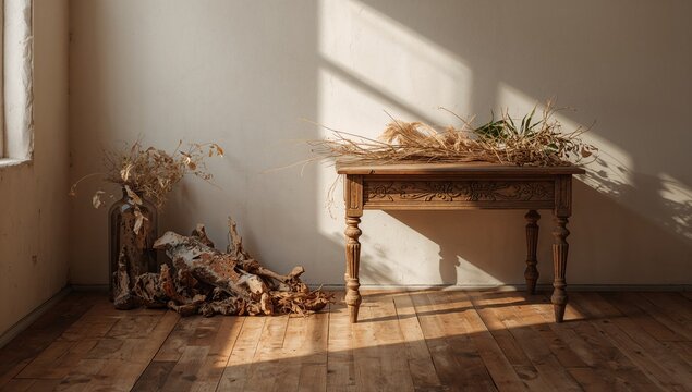 Textured vintage wood table top used as a background to enhance natural elements and decor displays, suitable for layout design