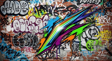 Obraz premium Vibrant, dynamic abstract shape overlays dense, multicolored street art covering a weathered brick wall surface