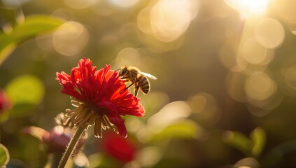 A bee collecting nectar from a red blossom, illustrating pollination process, World Pollinator Day