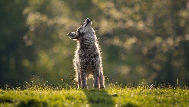 Gray wolf pup demonstrating howling skills in natural setting, wildlife conservation day
