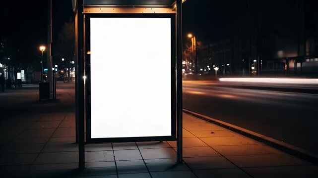A blank billboard stands on a city street at night with a blurred background of moving traffic, creating a dynamic urban scene.