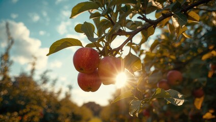 Cluster of red apples on a branch ready for picking, highlighting organic orchard management in early fall