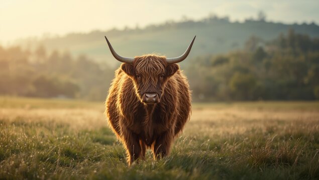 Hairy bovine with distinctive pointed horns, highlighting breed characteristics and animal posture