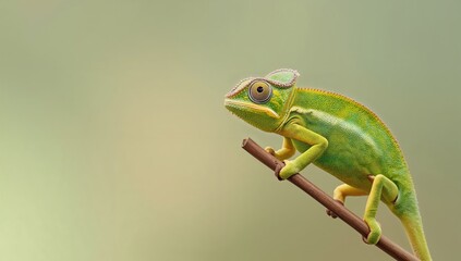 Fototapeta premium Colorful green chameleon on foliage, illustrating biodiversity and ecological balance, habitat preservation