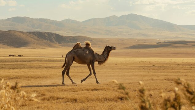 Two-humped camel standing on open grassland in Mongolia, emphasizing resilience in arid environments