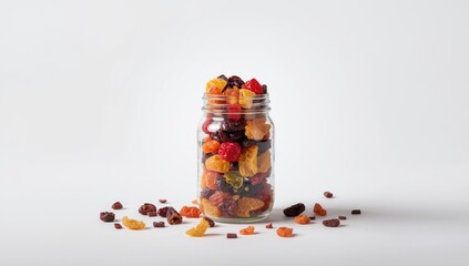 Dried fruit mixture stored in a mason jar against a white background, highlighting nutritious colorful berries and ingredients for a healthy snack