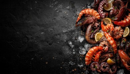 Assorted seafood selection arranged for market or restaurant setting, ideal for food presentation backdrops