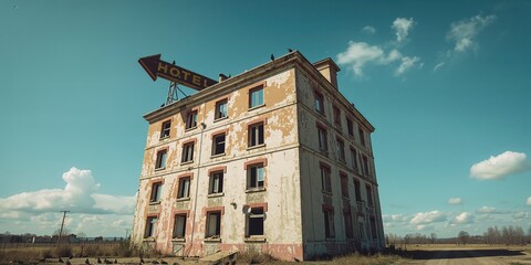 Fototapeta premium Top levels of a derelict hotel featuring a directional sign on the roof, neglect and urban decay