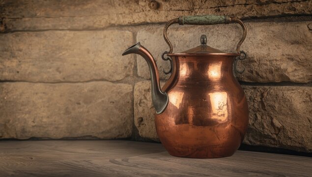 Traditional copper bakrac on a stone wall, emphasizing artisanal cookware, World Food Day