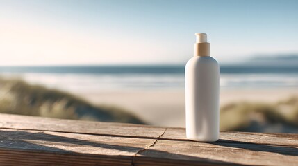 Summer beach lifestyle sunscreen bottle on wooden deck ocean view serene relaxation bright sunlight stock photo