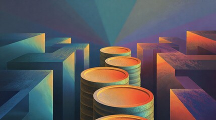 Colorful tokens rising through maze like structures with vibrant lighting effects and abstract background