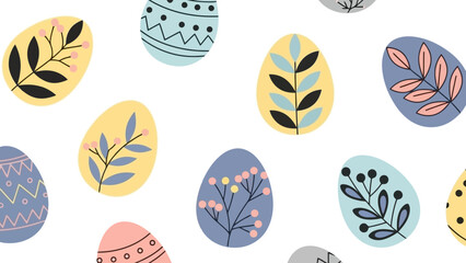 A seamless pattern of colorful Easter eggs decorated with floral and geometric designs on a white background.