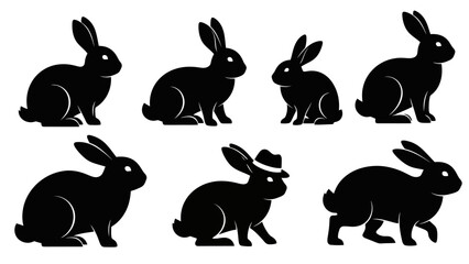 Fototapeta premium A collection of seven black rabbit silhouettes, some standing, some sitting, and one wearing a hat.