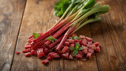 Freshly cut rhubarb stalks and diced segments displayed on a wooden surface, highlighting harvest and preparation process, seasonal food awareness