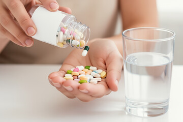 Hands pouring vitamins into palm beside water.