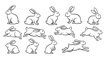Fototapeta premium A collection of line drawings depicting rabbits in various poses, including sitting, running, and standing, presented on a white background.