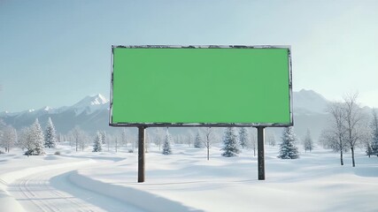 A blank green billboard stands in a serene snowy landscape with mountains in the background, inviting advertisers to make a statement in a breathtaking winter wonderland scene.