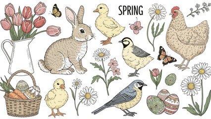 A charming collection of spring-themed illustrations featuring a rabbit, chicks, a duckling, a hen, various birds, tulips, daisies, butterflies, carrots, and Easter eggs. © Vina