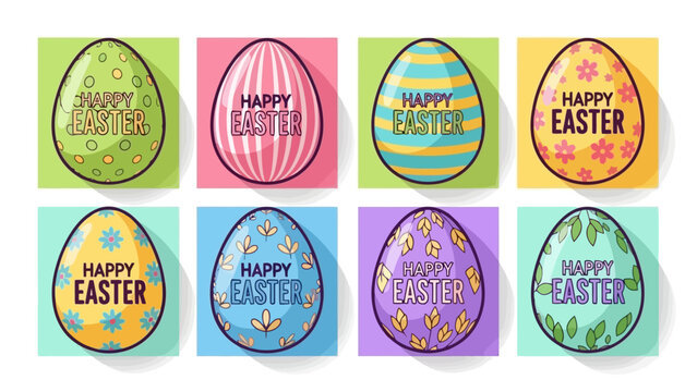 A collection of eight colorful Easter eggs with intricate patterns and the words "Happy Easter" written on them, set against pastel backgrounds.
