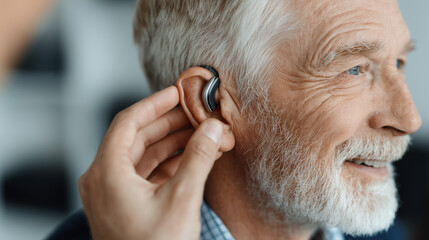 Senior man wearing a modern hearing aid while another person gently adjusts the device. Close-up of hearing assistance technology for elderly people. Healthcare, hearing loss treatment, audiology.