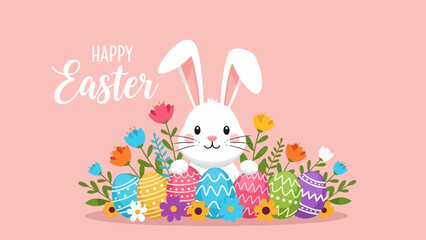 Fototapeta premium A cheerful Easter bunny peeks out from behind a colorful array of decorated Easter eggs and blooming flowers, set against a soft pink background with the words 