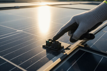 Hand pointing at solar panel connector on rooftop.