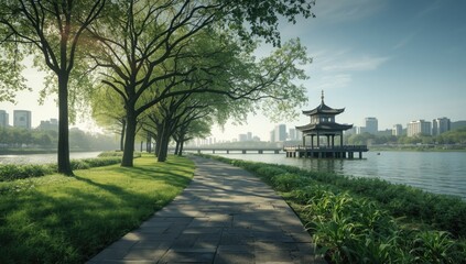 Obraz premium Cityscape featuring a riverside street with buildings and transportation, highlighting urban development