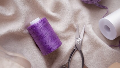 Flat lay image of a purple violet thread spool, highlighting its role in sewing projects and textile maintenance, World Thread Day