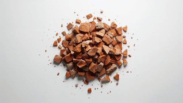 Broken red brick pieces and stones scattered on a white surface, highlighting demolition debris, urban renewal awareness