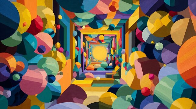 Vibrant colorful tokens rising through a brightly lit abstract tunnel with geometric shapes and spheres in a kaleidoscope of colors creating a sense of depth and movement - Powered by Adobe