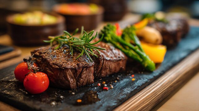 A mouthwatering plate of grilled steak with vegetables and herbs on a black slate board