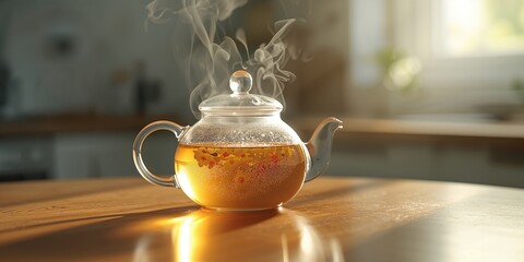 A clear glass teapot filled with jasmine tea during brewing, highlighting the fragrant aroma for a sensory appeal