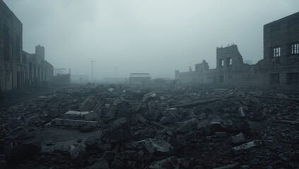 Collapsed building remains with scattered debris and foundation piles, set against a gray sky, highlighting urban erosion risks