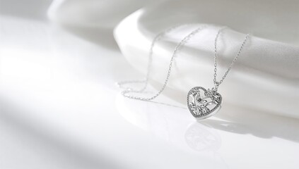 Jewelry featuring a silver necklace with heart butterfly and leaf motifs, ideal for website layout or product showcase