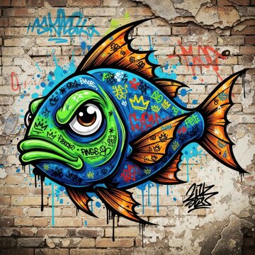 Vividly colored aquatic creature mural displayed upon a textured, weathered urban wall surface