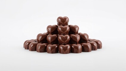 Fototapeta premium Group of dark brown heart-shaped chocolates stacked in a pyramid format, ideal for confectionery presentation