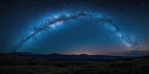 Star trail photograph of the Milky Way arching above hills and mountains, illustrating natural landscape preservation