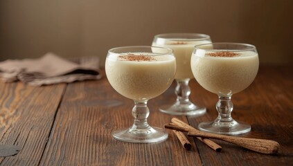 Creamy rice pudding in a glass with cinnamon sprinkles, highlighting dessert aesthetics and ingredient details