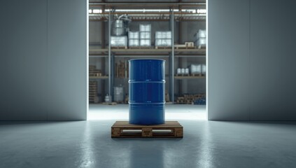 Chemical warehouse with blue barrel drums on pallets, highlighting storage and handling procedures