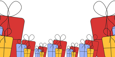 Vector Christmas Frame with empty space for text. Simple hand drawn Christmas Frame from Christmas gift box isolated white background. Perfect web banner. EPS 10 Editable stroke