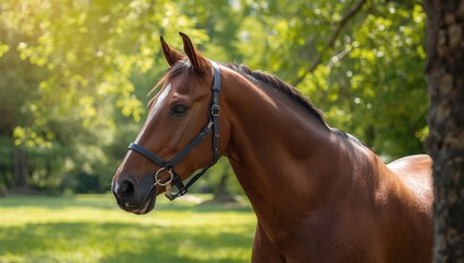 Fototapeta premium Close-up of a horses head wearing a bridle in a lush outdoor setting, grooming and maintenance