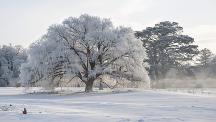 Obraz premium Frost-covered branches of oak and pine in a winter scene highlighting natural erosion risk