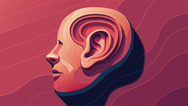 Abstract illustration of a human head profile with a large ear symbolizing listening and perception rendered in a stylized layered graphic style with a gradient background