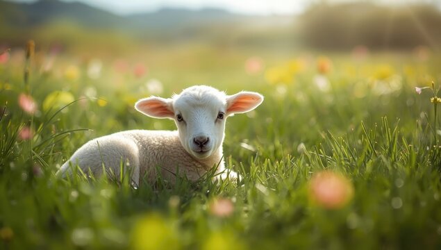 Lamb lying in grassy field, emphasizing tranquil rural environment