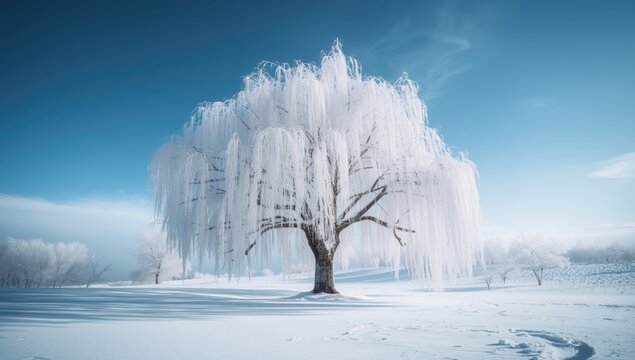 Frozen winter tree with snow accumulation used as a natural background for seasonal design, Earth Day