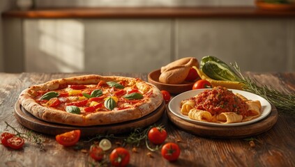 Peppers and vegetables in Italian cuisine, featured in pizza and tortellini, highlighting fresh ingredients