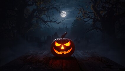 Spooky forest scene with a full moon and wooden table, nighttime setting emphasizing natural illumination, Halloween