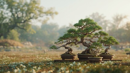 Fototapeta premium Miniature bonsai cultivated in shallow pots for natural tree illusion, horticulture conservation focus